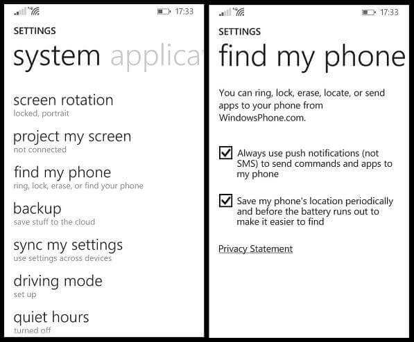 Enabling the Find My Phone feature on Windows Phone