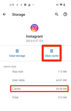 Clear the app cache of Instagram
