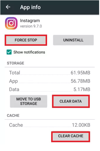 Clear Instagram app cache for Android: