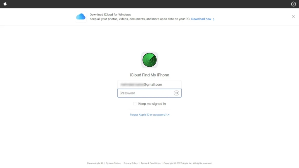 Logging into the iCloud website via Remote tracking of an iPhone