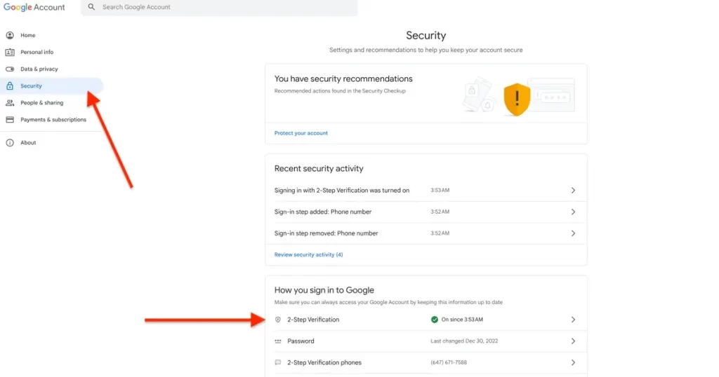 Changing Google Two-Step Verification Settings