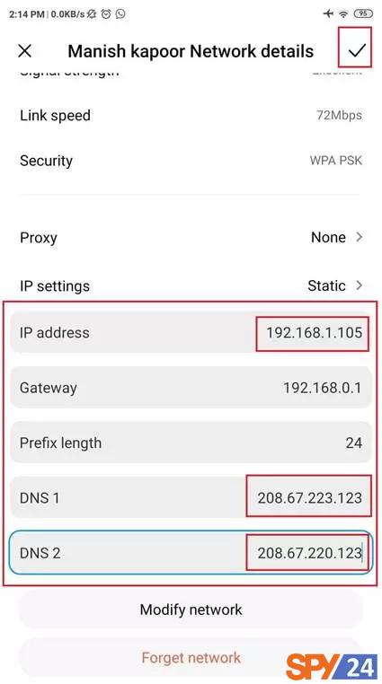 IP addresses, DNS1, and DNS2 sections