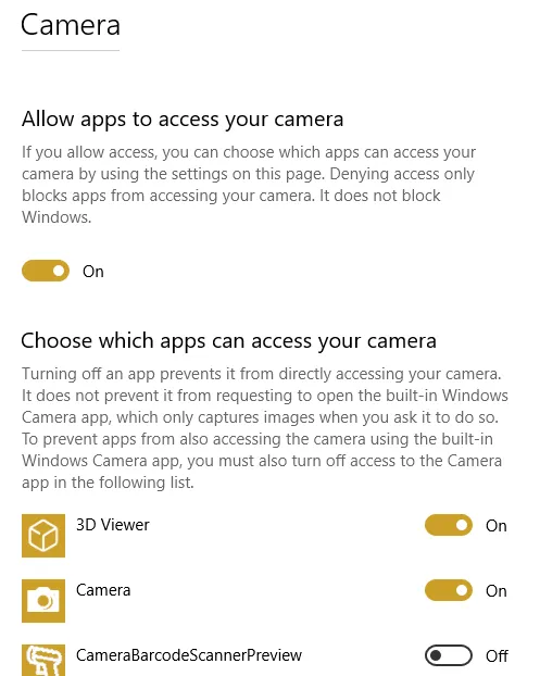 Allow apps to access your camera