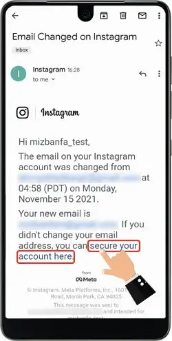 Restoring the hacked Instagram page using the received security email