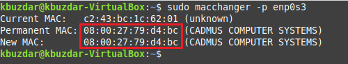 sudo macchanger –p enp0s3