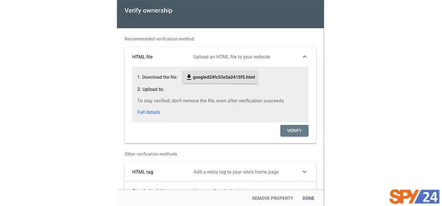 Use HTML File method to verify website ownership
